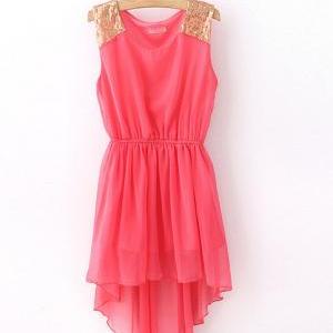 Pink High Low Dress With Gold Shining Shoulder
