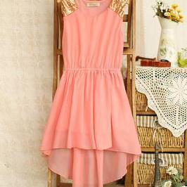 Pink High Low Dress With Gold Shining Shoulder