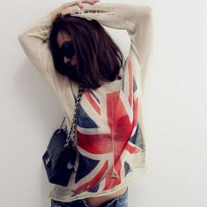 British Flag Loose Knit Sweater Pullover Blouse..