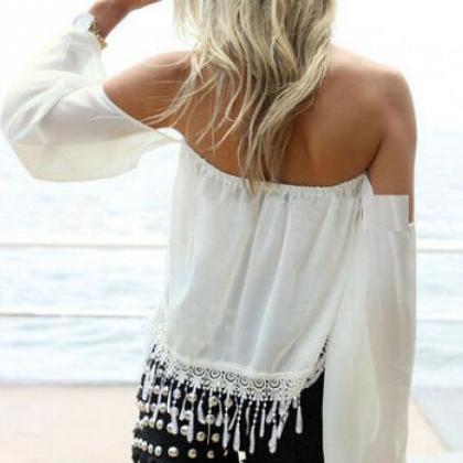 White Off-the-shoulder Long Sleeve Top Featuring..
