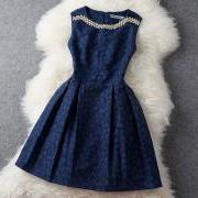 Fashion Blue Beading Rhinestone Embroidered Dress &Party Dress