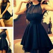 Black Mesh Front Cute Slim Dress 