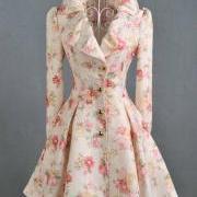Exquisite Floral Print Puff Sleeve Pleated Trench Coat