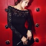 Chic Lace Patchwork Boat Neck Long Sleeve Black Dress