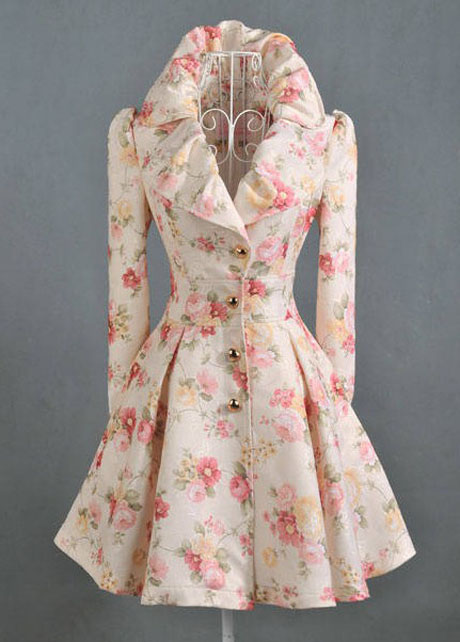 Exquisite Floral Print Puff Sleeve Pleated Trench Coat
