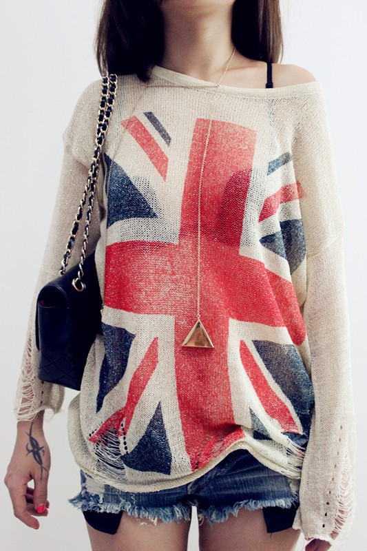 British Flag Loose Knit Sweater Pullover Blouse Hollow Ba808bd