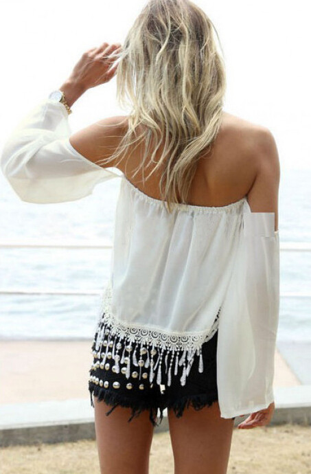 White Off-the-shoulder Long Sleeve Top Featuring Lace Hem And Tassel Detailing