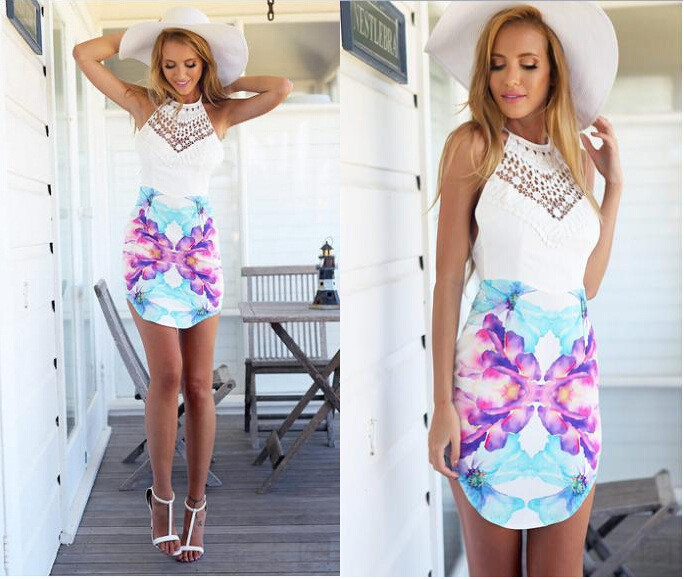 1564735 HOLLOW OUT PRINTED BACKLESS DRESS on Luulla