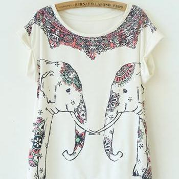 Symmetric Elephant Print Curling Short-sleeved Cotton T-shirt on Luulla